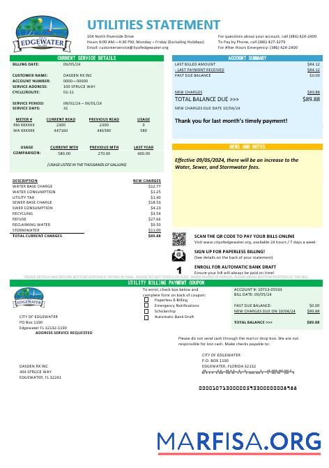 Blank USA Florida City of Edgewater business utility bill template in Word and PDF formats